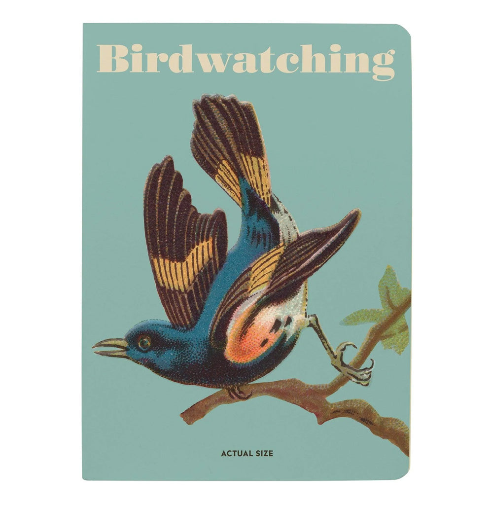 Blue notebook with title "Birdwatching" and an image of a bird standing on a branch