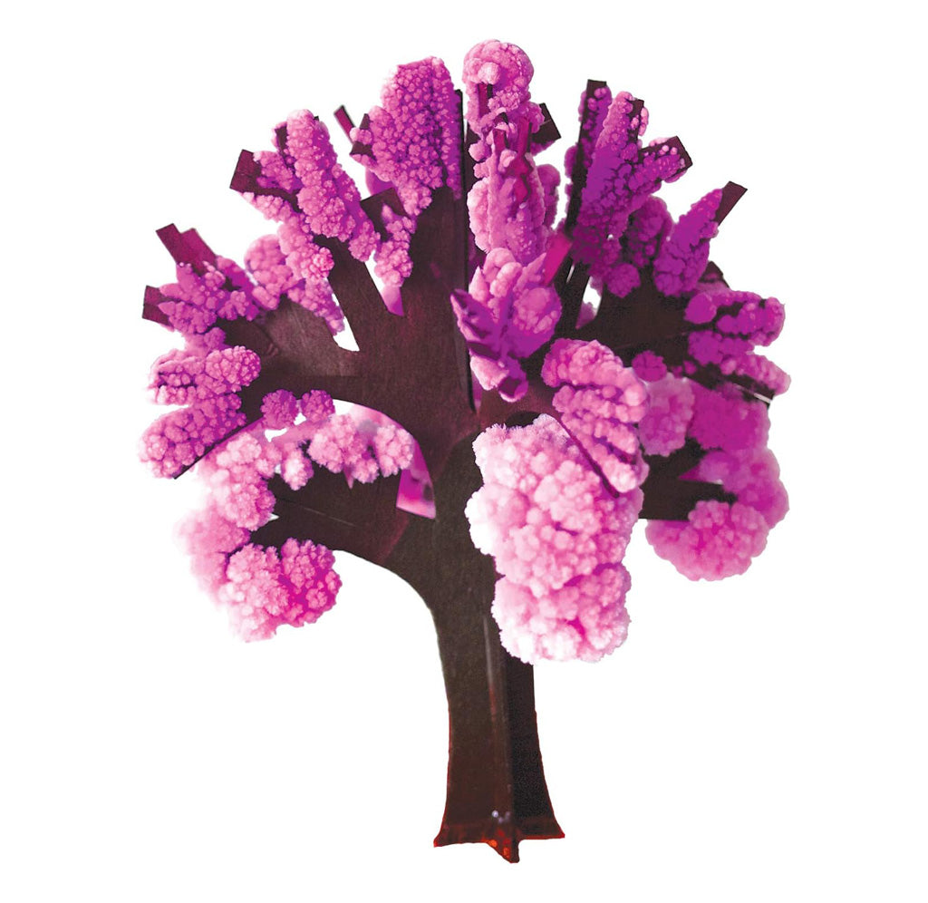 Cherry tree crystal product showing pink crystals grown on a brown tree base. 