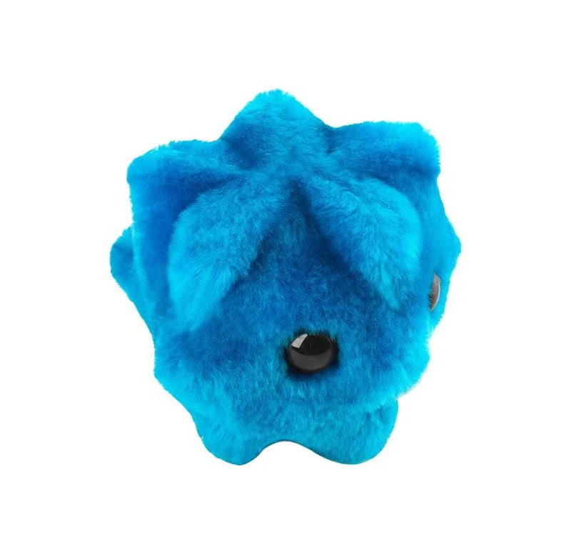 Top view of the plush toy, showing a five pointed design on the top. 