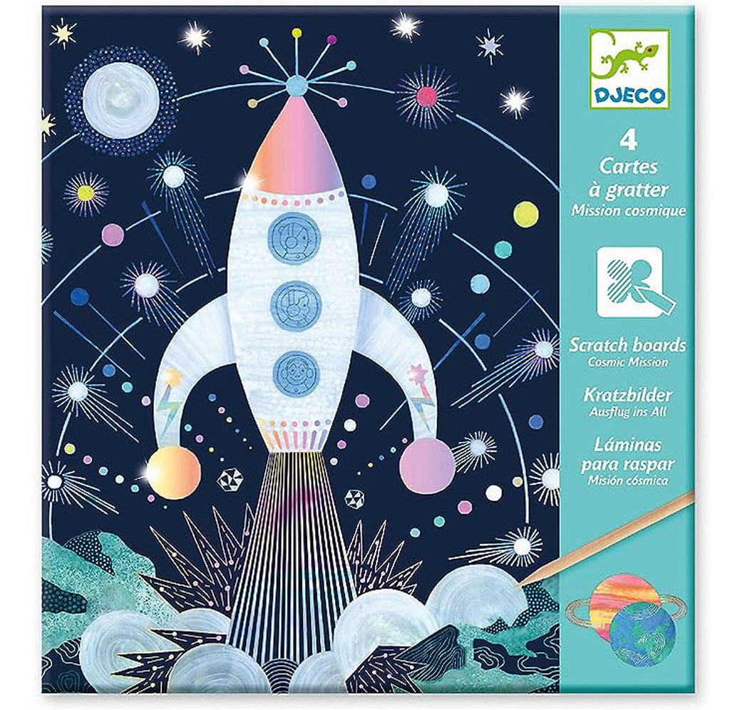 Cosmic Mission scratch card front image, showing a multi colored rocket blasting off and stars in the background.