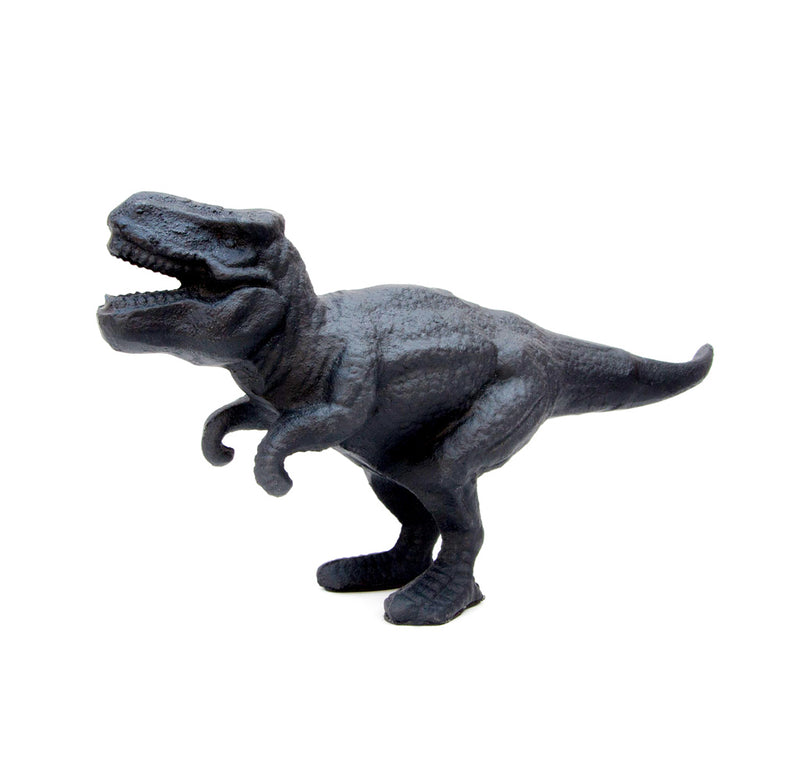 Cast iron T-rex model with an open mouth that can be used as a bottle opener. The T-rex is standing and is in an action pose.