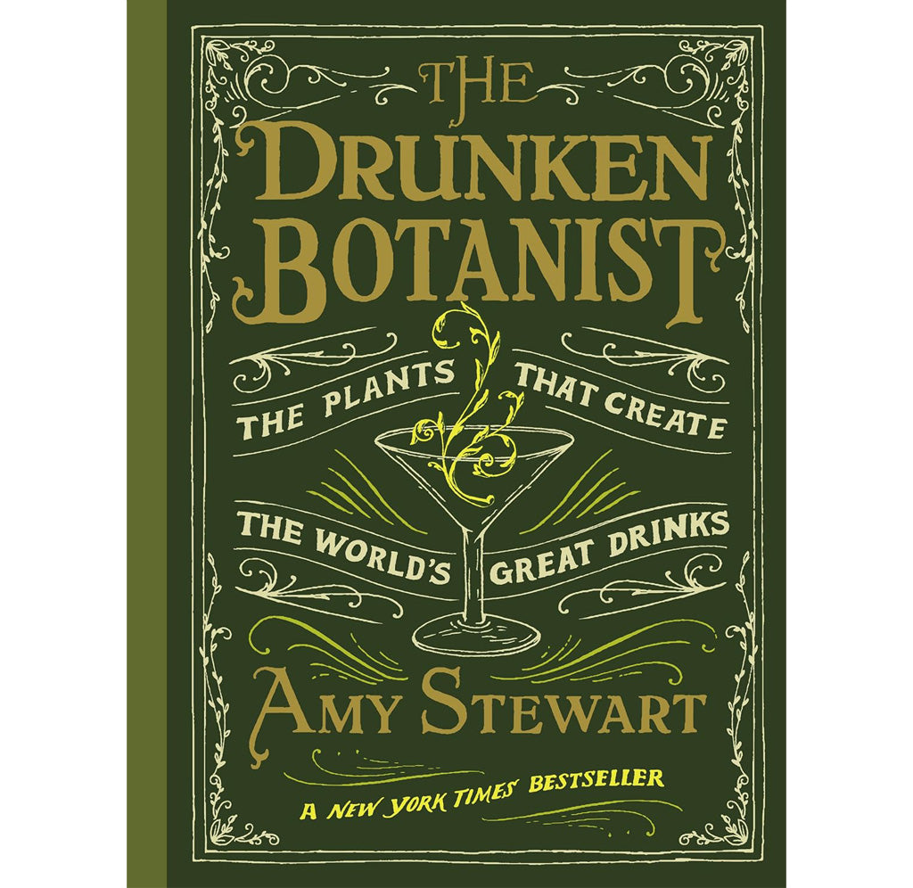 Green front cover with a light green border and lettering. A drawing of a martini glass with vines coming out of the glass is in the middle. 