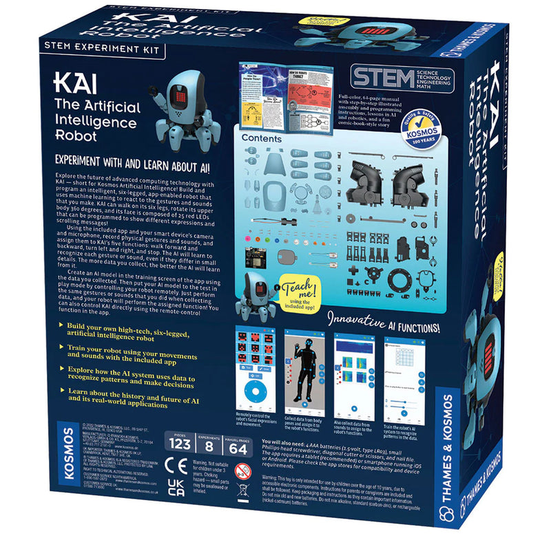 Image of the back of the product box with details about the product, an image of the parts that come in the box, and screenshots of the mobile app that pairs with the product.