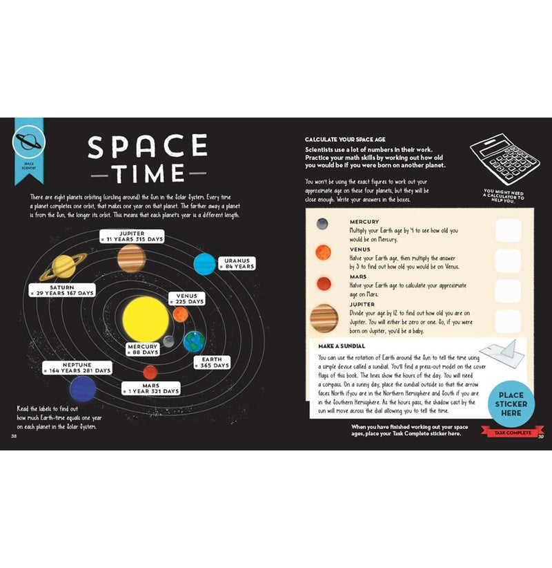 "Space Time" open page, showing a graphic with the planets orbiting the sun and an activity to calculate your space age.