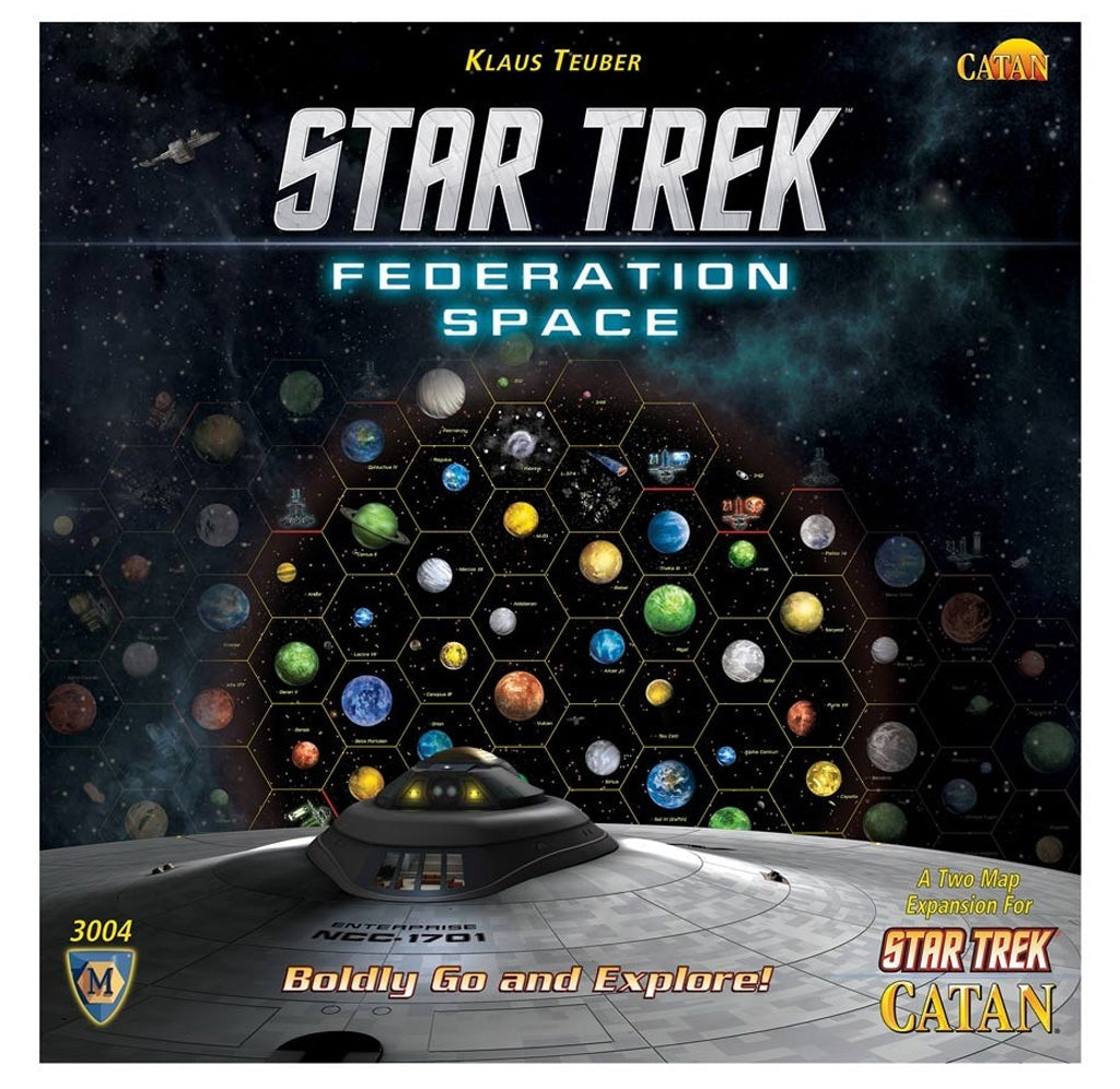 Front of box depicting outer space, hexagon tiles each containing a planet, and a space ship.