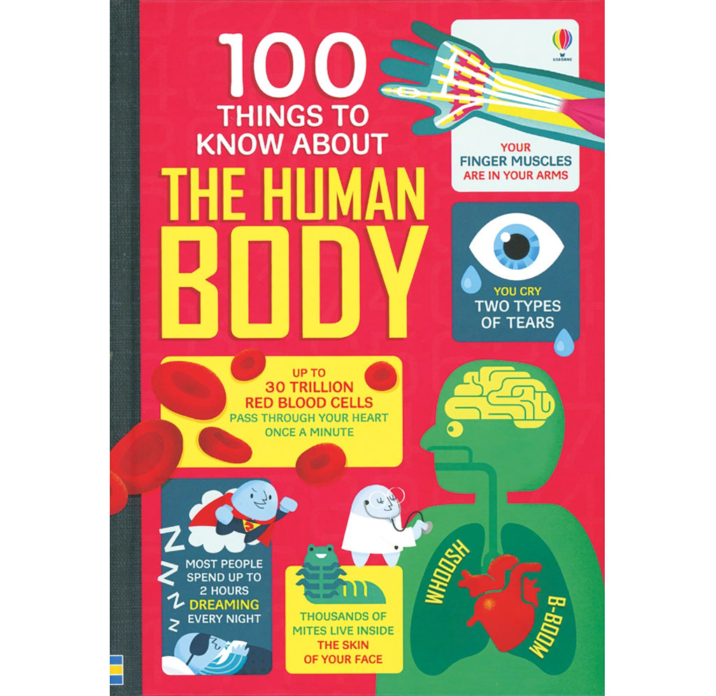 Red and yellow book cover of '100 Things to Know About the Human Body' with illustration of key topics like 'your finger muscles are in your arm', 'you cry two types of tears'