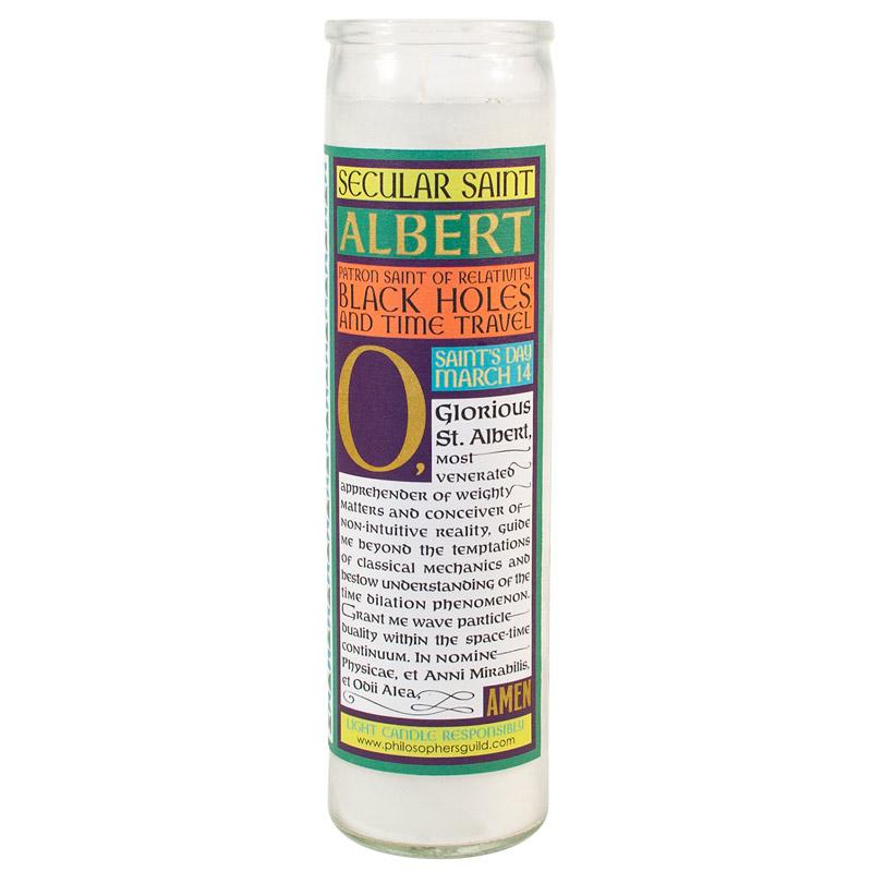 The back of the candle features the secular saint Albert patronage, the patron saint of Relativity, Black Holes, and Time Travel. Colors of yellow, green, orange, purple, and blue with black and yellow text are featured.