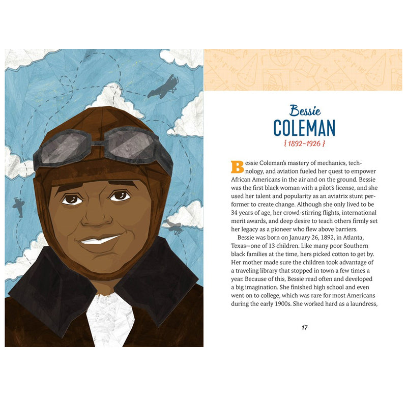 This is a layout page from the book. It is an illustrated image of Bessie Coleman. A biography appears on the side.