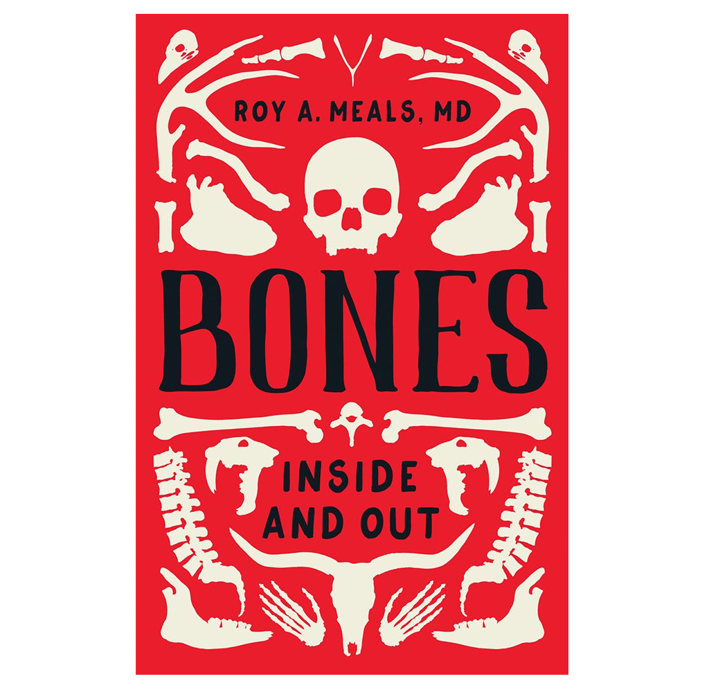A red cover with different species of white mammal bones throughout the cover.