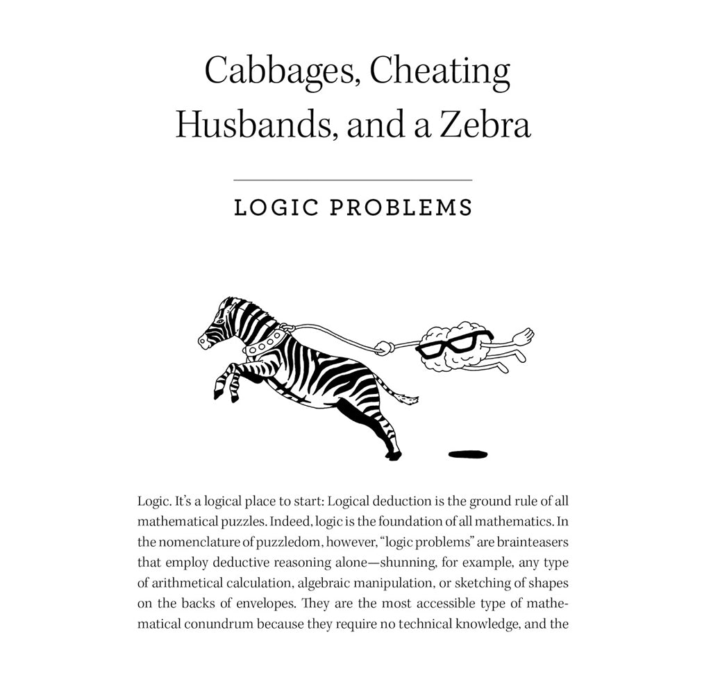 This is a layout image from the book. It is a logic problem. There is a zebra in full gallop wearing a collar and leash. There is a brain with arms, legs, and glasses holding onto the leash, flying in the air.