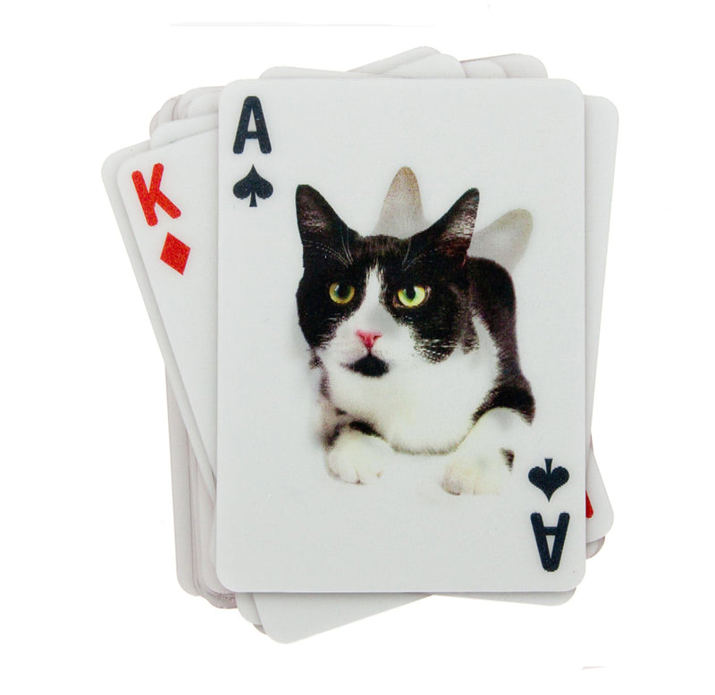 Close up of ace lenticular cat playing card with black and white on top of a stack of cards.