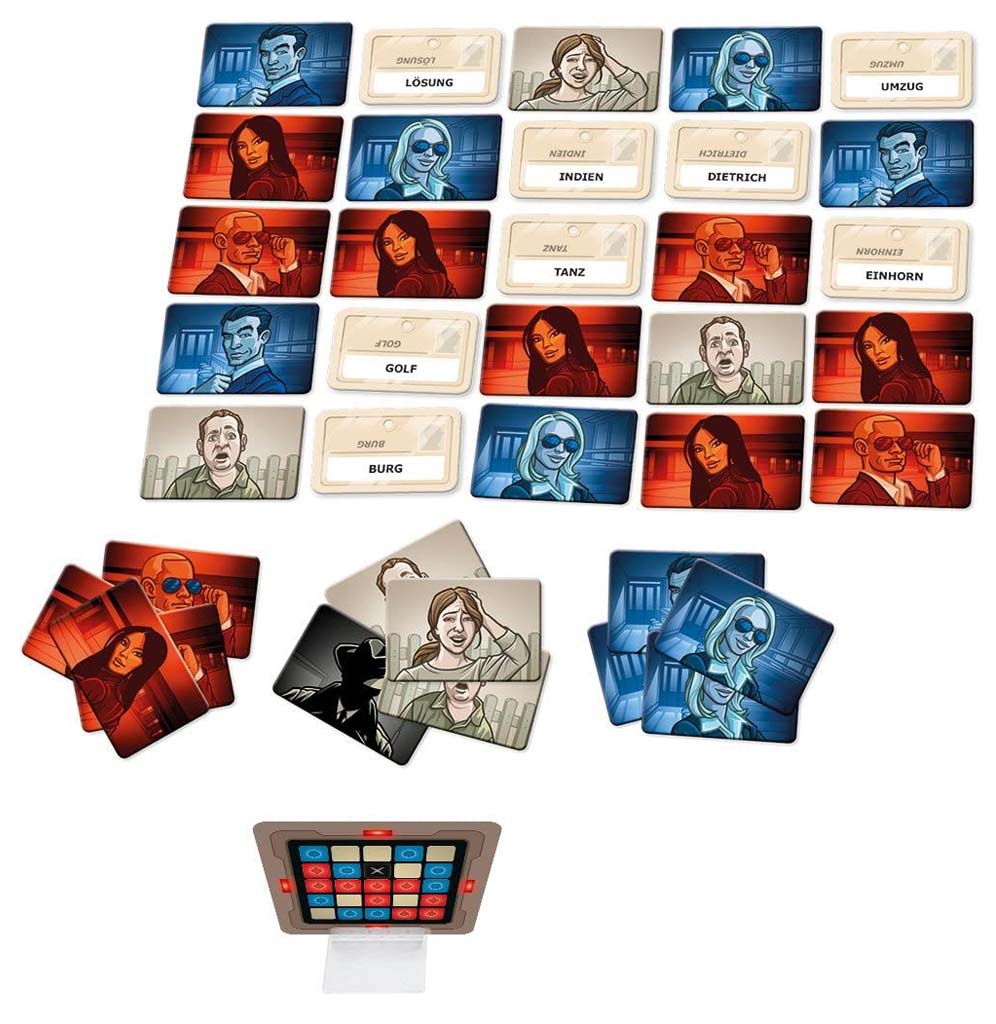 Gameplay cards appear in five rows of five cards, alternating between blue, red, and white cards with portraits and white word clues. A set of red, white, and blue cards sit at the bottom. A card stand sits in front of the cards