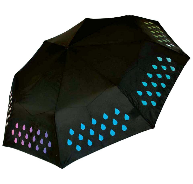 Black umbrella with raindrops of different colors on each panel of the umbrella.