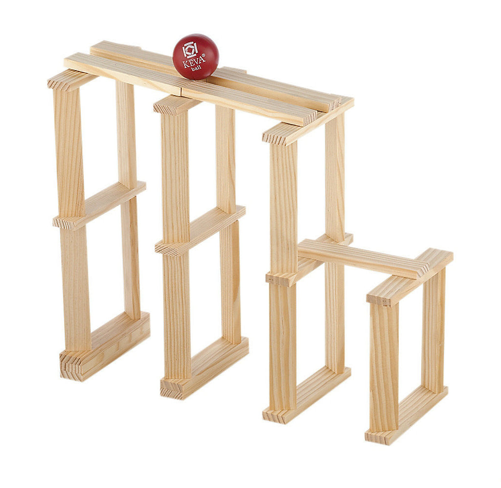 The Contraptions planks are set up as a platform with three medium levels and one smaller level that the red ball will roll and then bounce.