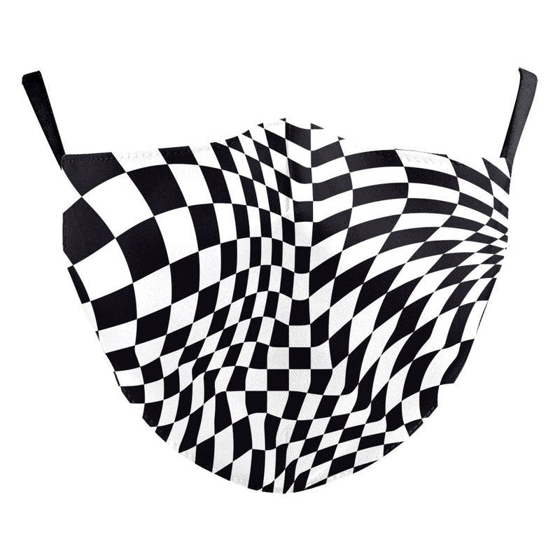 A black and white face mask with a harlequin optical illusion design.