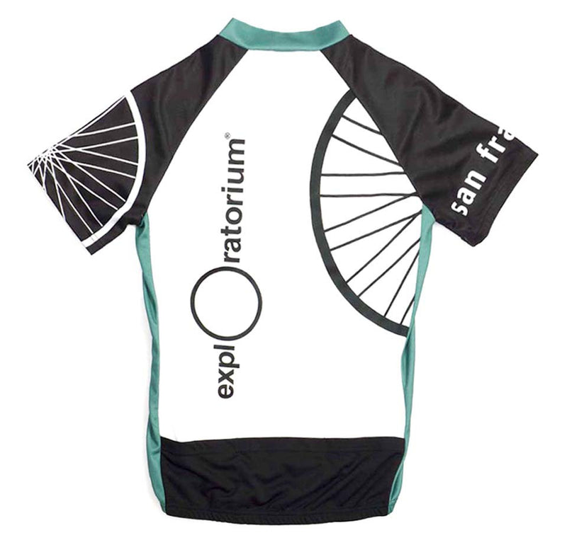 White, black, and green bike jersey. Exploratorium printed up the front with bike wheel illustrations in white and black. San Francisco on the right shoulder.