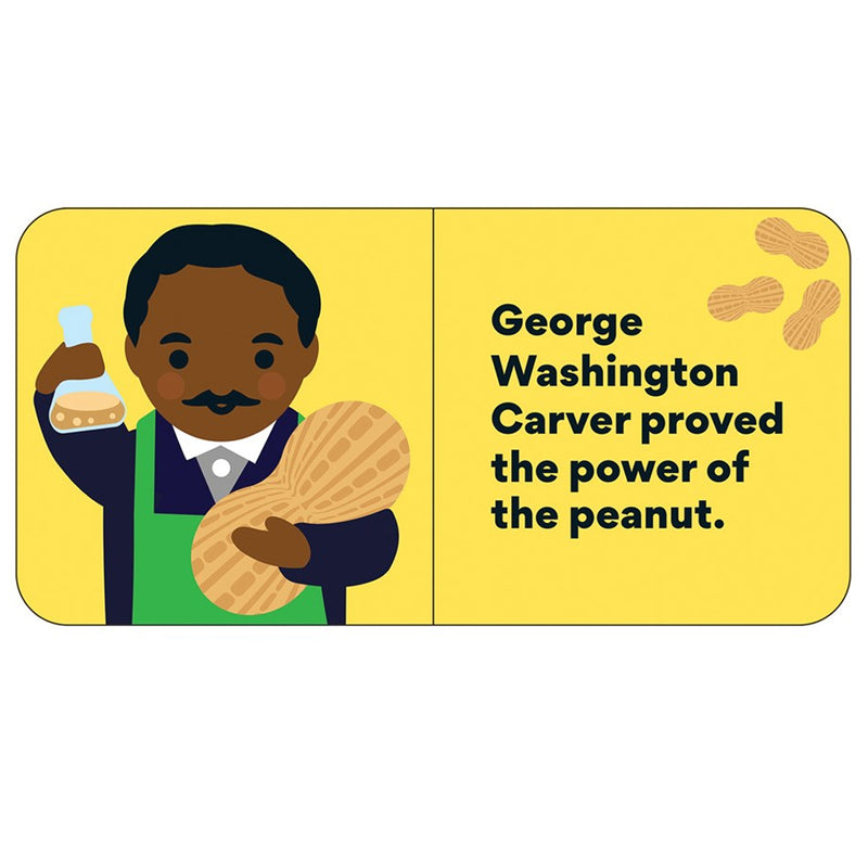 Layout from the book. An illustrated image of George Washington Carver holding s chemistry flask in one hand and a large peanut in the other. Short historical fact on the opposite page.