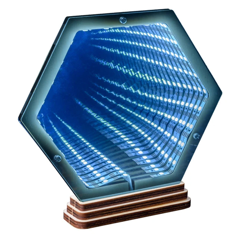 Hexagonal form with  blue light LEDs moving back into infinity.