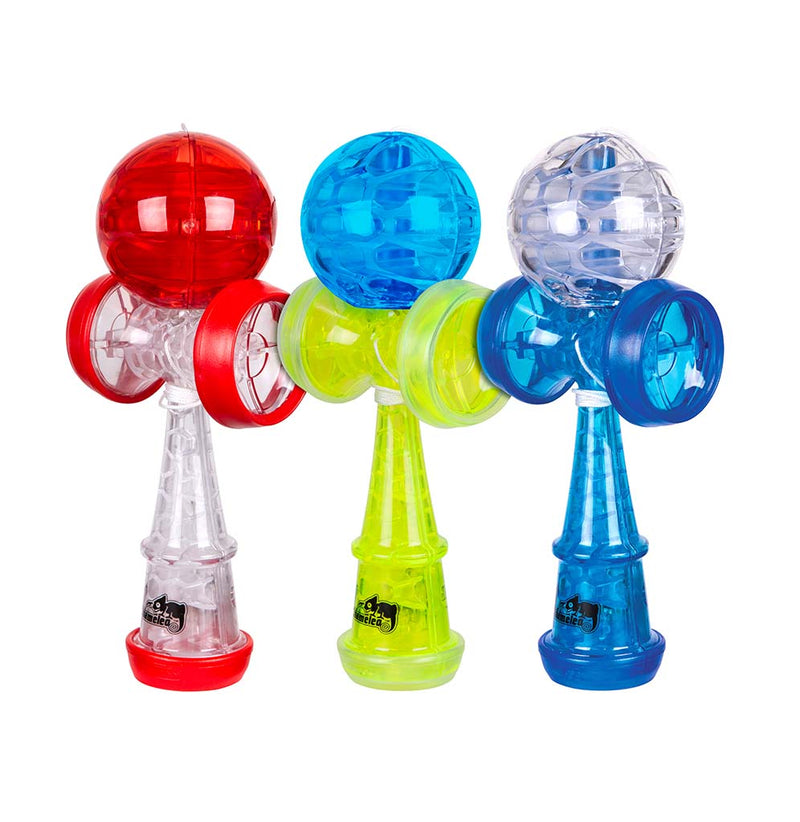 A red and white, blue and yellow, and white and blue kendama sit in a line.