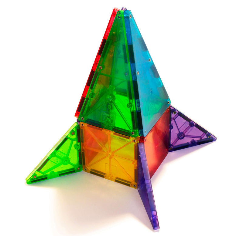 A small rocket made of colorful small squares and equilateral and isosceles triangles.