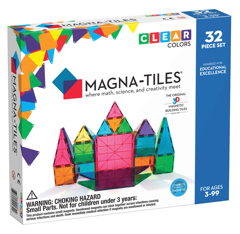 A white and blue box with a structure made out of colorful triangles, squares, equilateral triangles, and isosceles triangles.