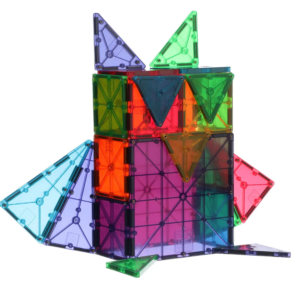 An owl is made of colorful shapes, including large and small squares and equilateral and isosceles triangles.