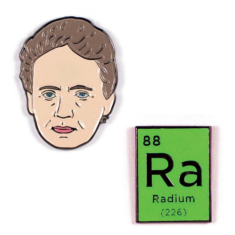 Set of two pins. Maire Curie's face pin and a green periodic table square for radium with black writing.