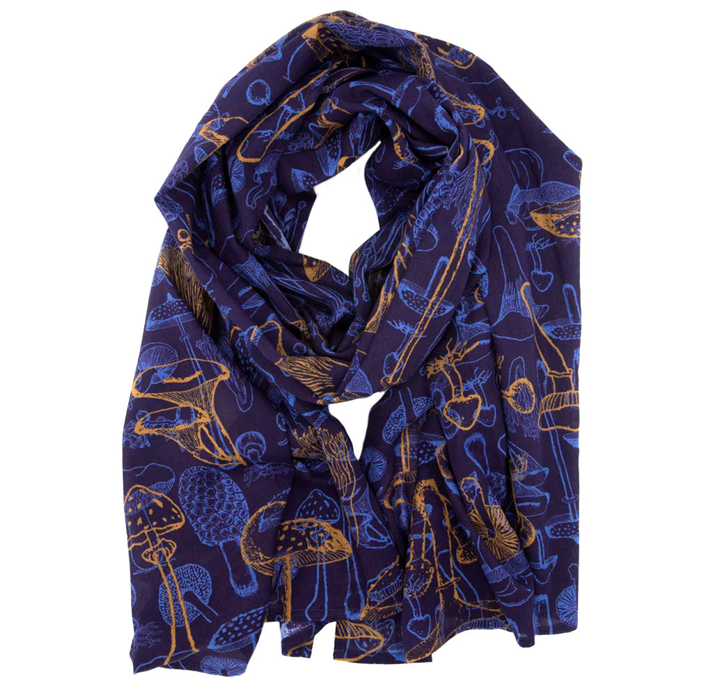 A deep blue scarf with mushrooms in electric blue and orange.