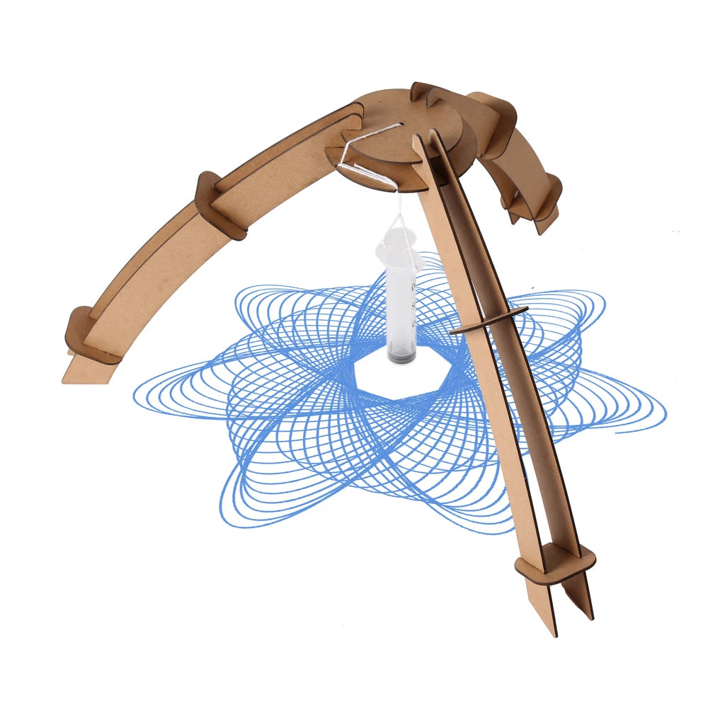  The tripod pendulum arc is cardboard; a plastic syringe hangs down from the middle attached with string. A blue spiral pattern shows below.