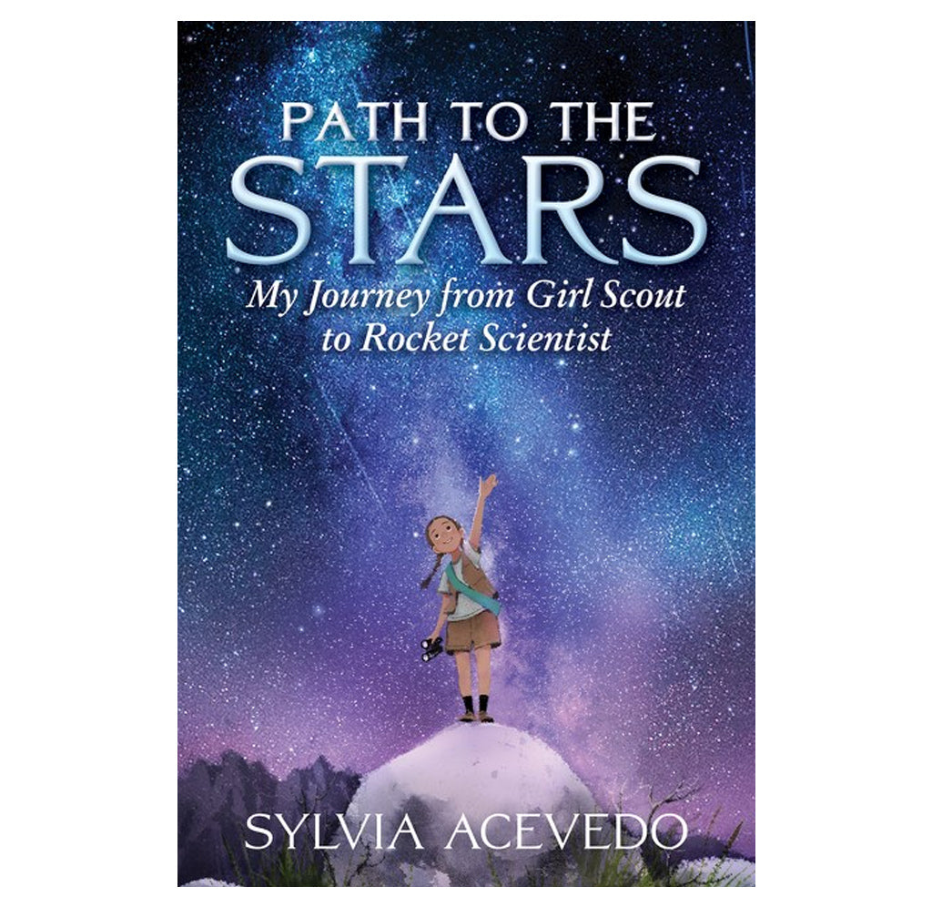 The book cover image is of a girl in her scout uniform standing under the stars gazing up toward them with an outstretched arm.