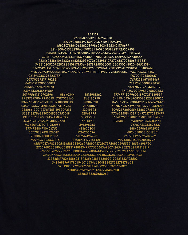  This is a close-up image of the t-shirt 1,878 digits of Pi in gold surrounding a Pi symbol.