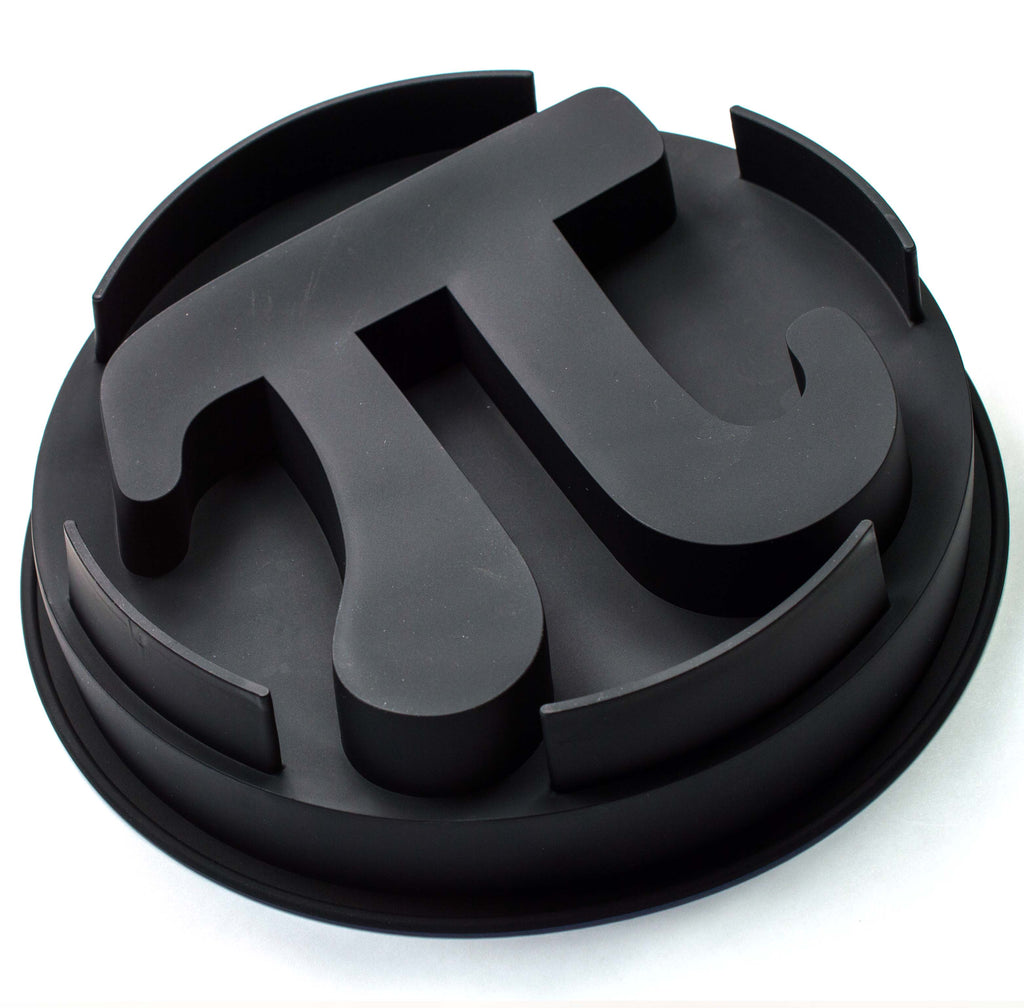 Black silicone cake dish featuring a raised Pi symbol.