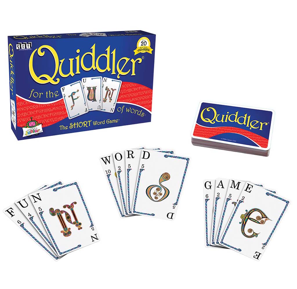 The game is purple, red, yellow; there are three sets of game cards that spell out fun, word, game. 