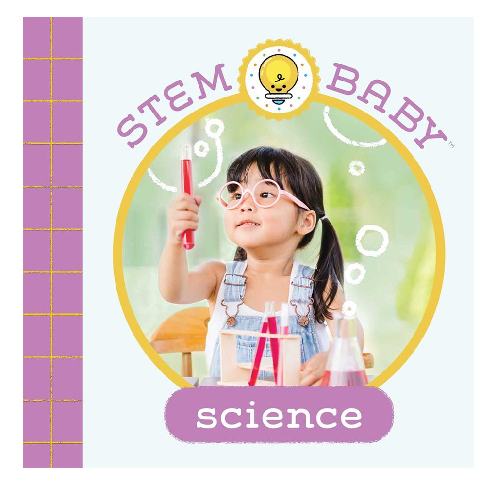 STEM Baby Science: A toddler sits at a table with red liquid in her hand and on the table with test tubes. A beaker with clear liquid sits to her left, with cartoon bubbles cascading upward.