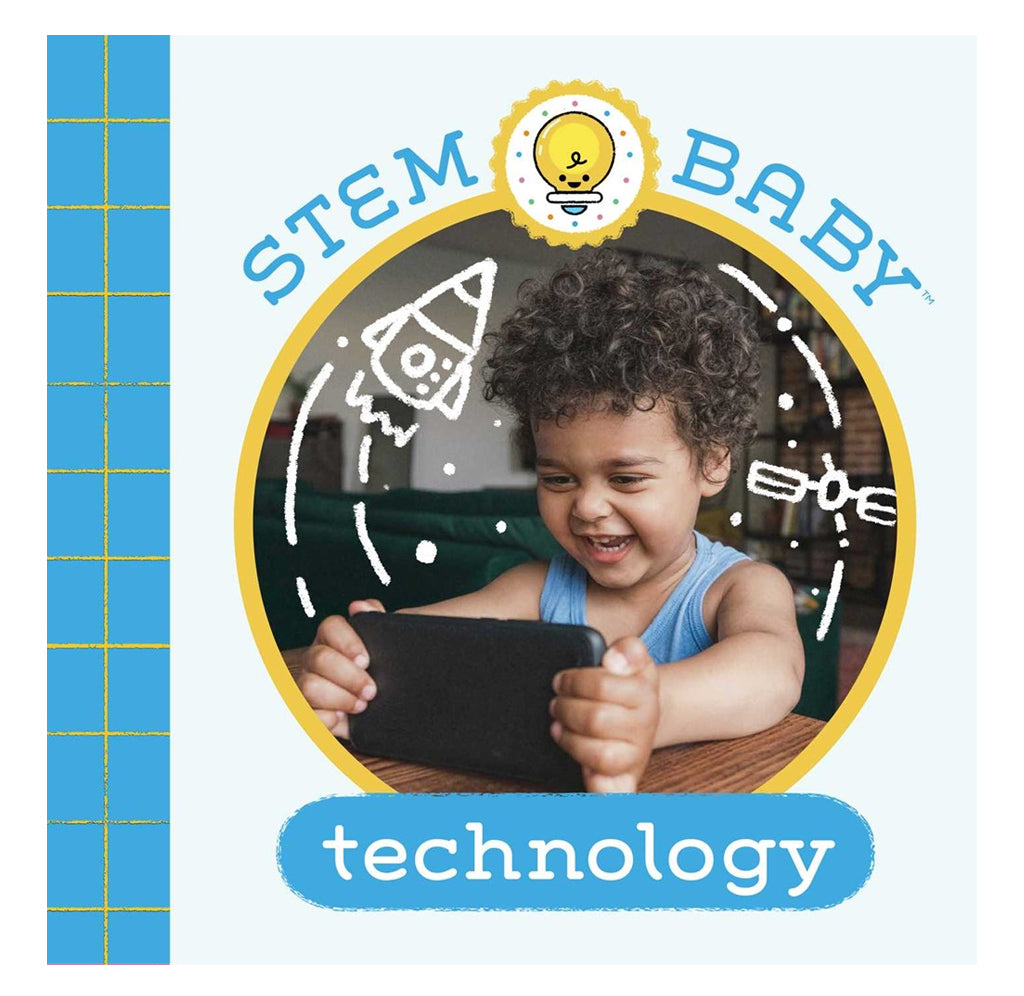 STEM Baby Technology: A baby sits at a table watching a program on an iPhone, and a drawing of a rocket and a satellite is above the baby's head.