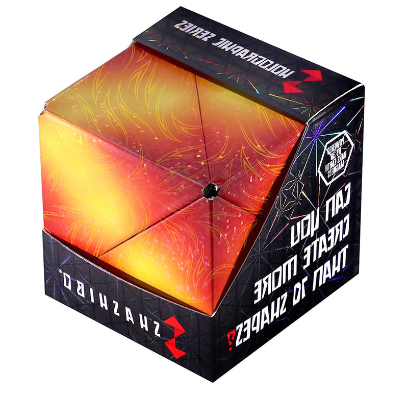 The solar Shashibo features yellow and red swirls of holographic paper in open black packaging.