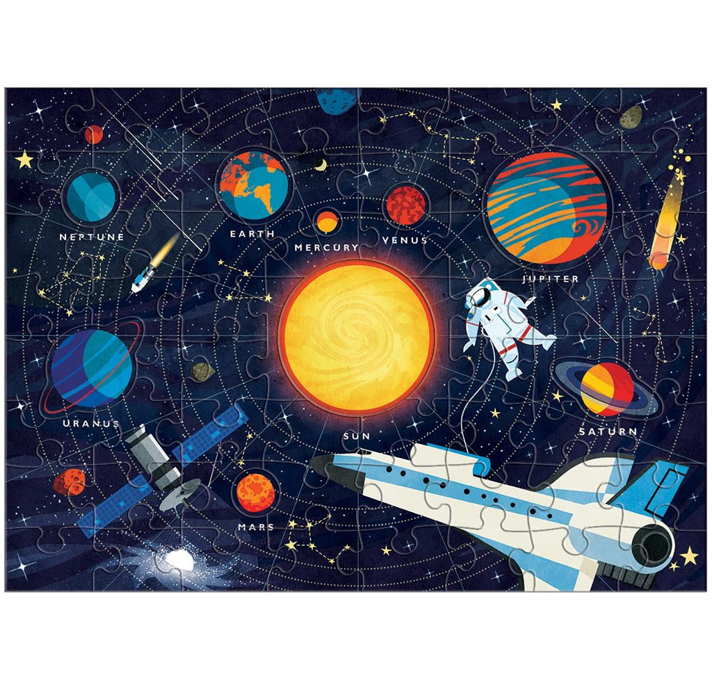The completed puzzle is of different objects that an astronaut may encounter or see when traveling in space; there are planets, satellites, comets, spacecraft, and the Milky Way, all in bright and vivid colors.
