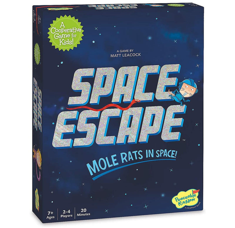A blue game box with Space Escape in shiny silver on the front and a mole rat in light blue running across the front.