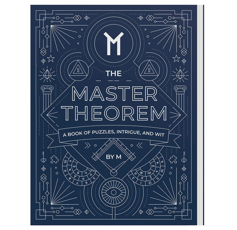 "The Master Theorem" puzzle book is an oversized paperback with a dark blue cover with different mathematical and mysterious symbols in white.