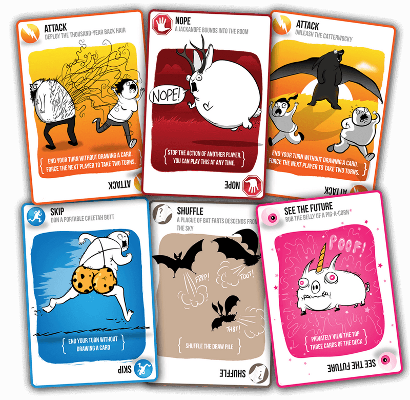 This is an image of six helpful cards you can receive in Exploding Kittens. They are brightly colored to attack, nope, skip, shuffle and see the future with classic illustrations from The Oatmeal. A giant bloated rabbit yelling nope, three farting bats to shuffle the deck, or rub the belly of a pig-a-corn to see the future.