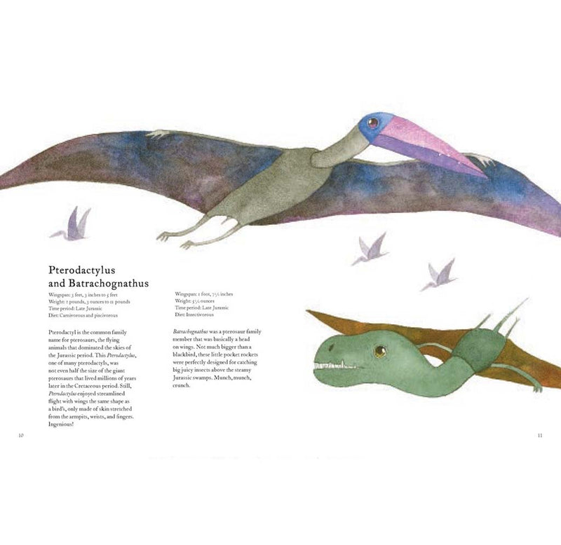 A full two page layout of a watercolor illustration of a purple and black Pterodactylus, and a green and brown Batrachognathus.