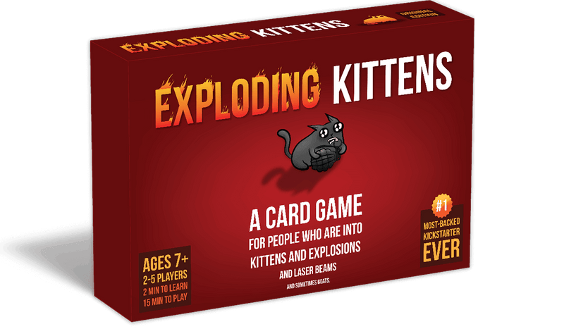 There is a red box that is 4.42" x 6.38". It is dark red with an illustration of a black cat holding a grenade with a petrified look on its face. The font of Exploding in Exploding Kittens is on fire.