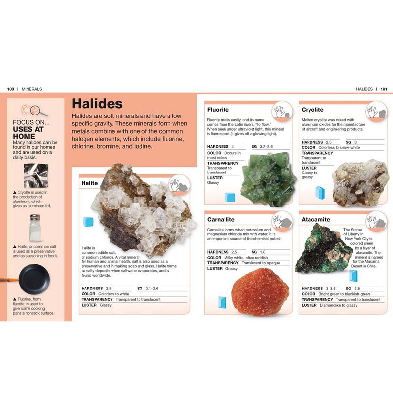 Different halides, such as white crystals on a rock, darker green crystals, and orange-looking rock.