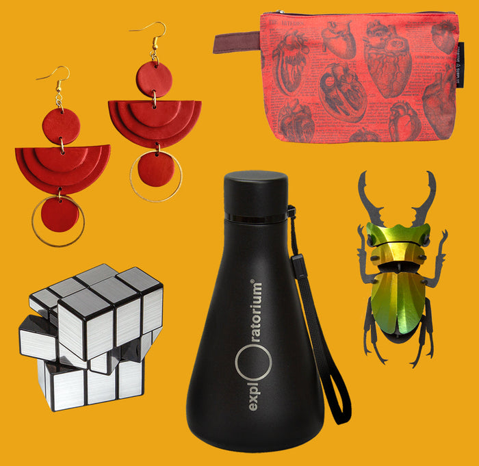 Red drop earrings, red and black anatomy pouch, silver metallic puzzle, black flask with Exploratorium in silver, green and yellow stag beetle with black legs