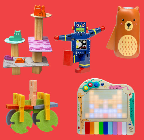 Cat game on top right in orange, green, and purple, Blue robot, brown flashlight bear, multicolored building blocks and a pixel piano in rainbow colors