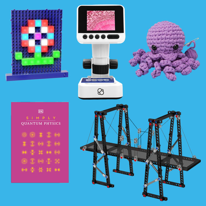 Blue panel with colored lights, white & black microscope, purple jellyfish, pink & orange book Simply Quantum Physics, and black bridge with gray attachments against a blue background
