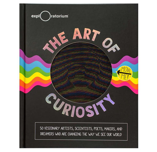 black book with a wavy rainbow running horizontally across the front. There is a circle cut out of the front cover showing a lenticular-like image. 