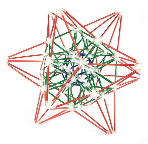 Red, green and blue sticks joined together by 6 sided connector pieces. The sticks are arranged in the shape of a multi pointed 3D star.