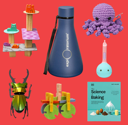 A collage of different items from the top; Cats Knocking Things off Ledges, blue flask, purple crochet jellyfish, green & gold beetle, building blocks in green, yellow, blue and pink and The Science of Baking against a red background.