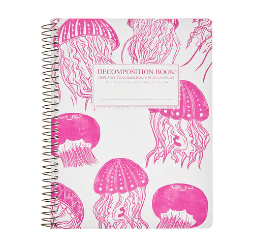 A spiral bound notebook with pink jellyfish depicted on the front. 
